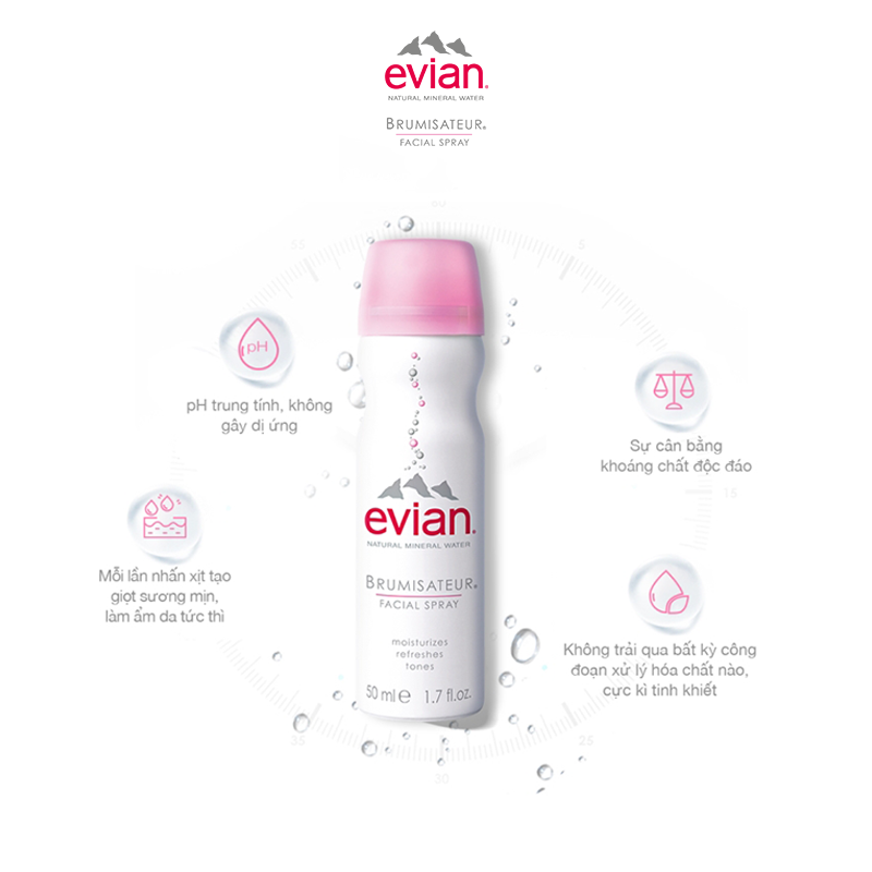 Combo 2 Xịt khoáng Evian Cấp Ẩm Và Làm Dịu Da Spray Brumisateur Natural Mineral Water 50ml