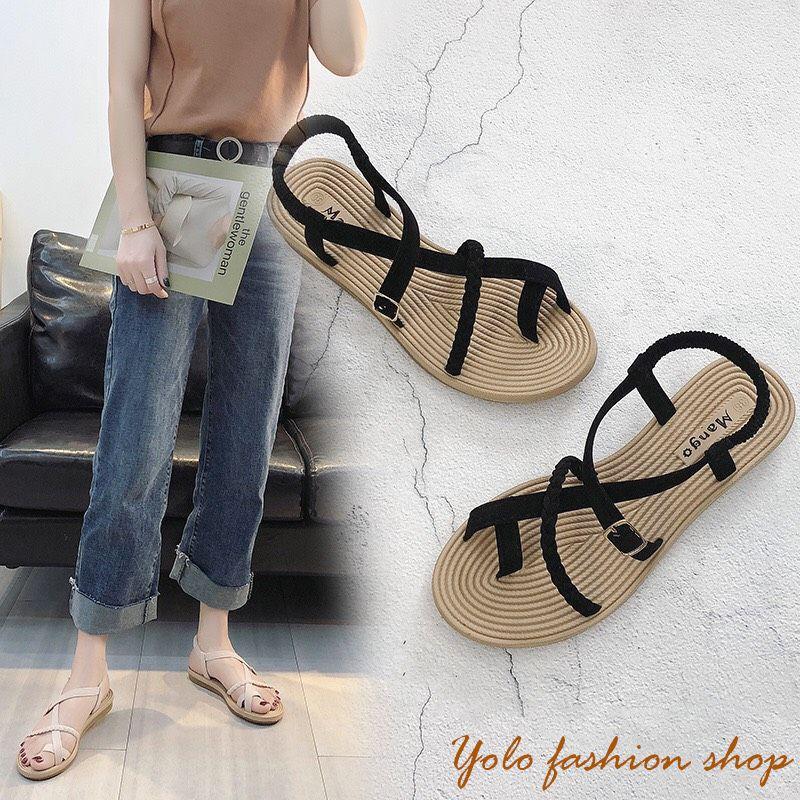 SB5_Sandal nữ đế bằng quai chéo đế giá cói vintage xinh xắn