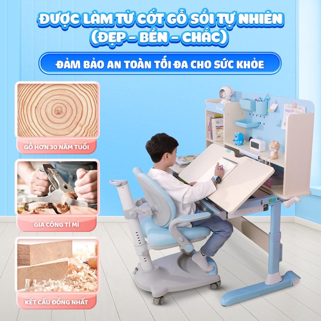 Bàn học cho bé cao cấp Chilux Smart D chống gù, chống cận, nâng hạ chiều cao, thay đổi độ nghiêng, kệ sách lớn