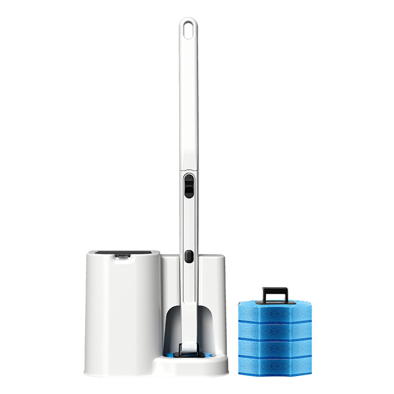 Disposable Toilet Brush Set Includes Holder, Long Handle, 5 PCS Washable Replaceable Brush Head with Preload Detergent, Bathroom Scrubber Clip Type Toilet Cleaning Brush