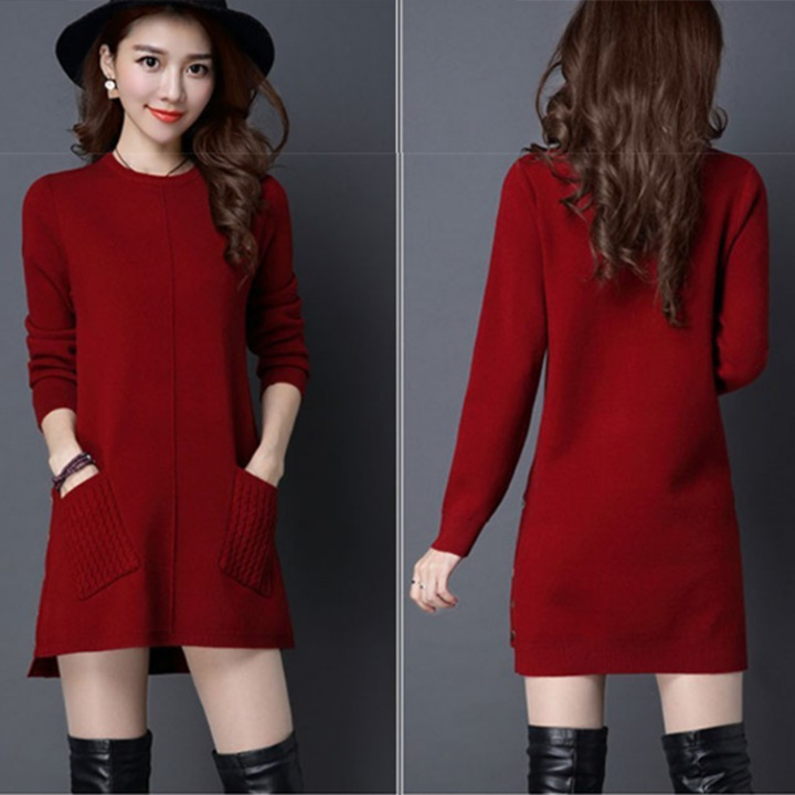 Đầm suông len dáng lửng 2 túi trước phối khuy sườn trẻ trung ArcticHunter, thời trang thương hiệu chính hãng