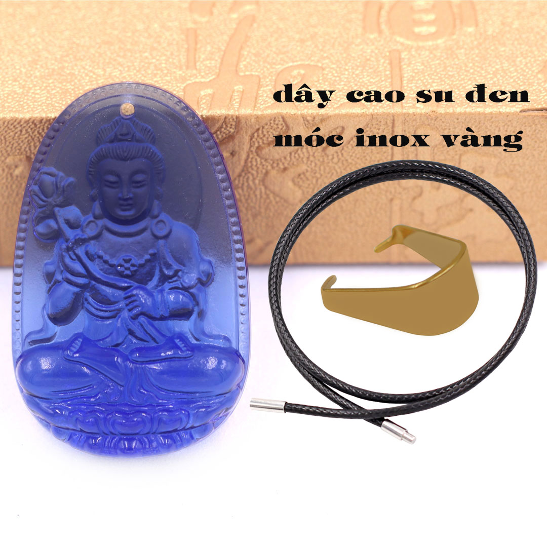Mặt Phật Đại thế chí thuỷ tinh xanh dương 3.6 cm kèm móc và vòng cổ dây cao su đen, Mặt Phật bản mệnh