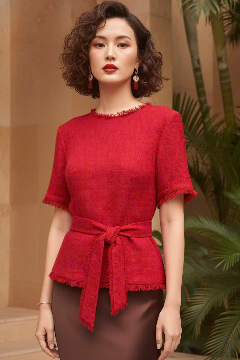 Áo Thắt Eo Peplum Tweed Đỏ Thanh Minh thời trang thiết kế Hity Top213Red