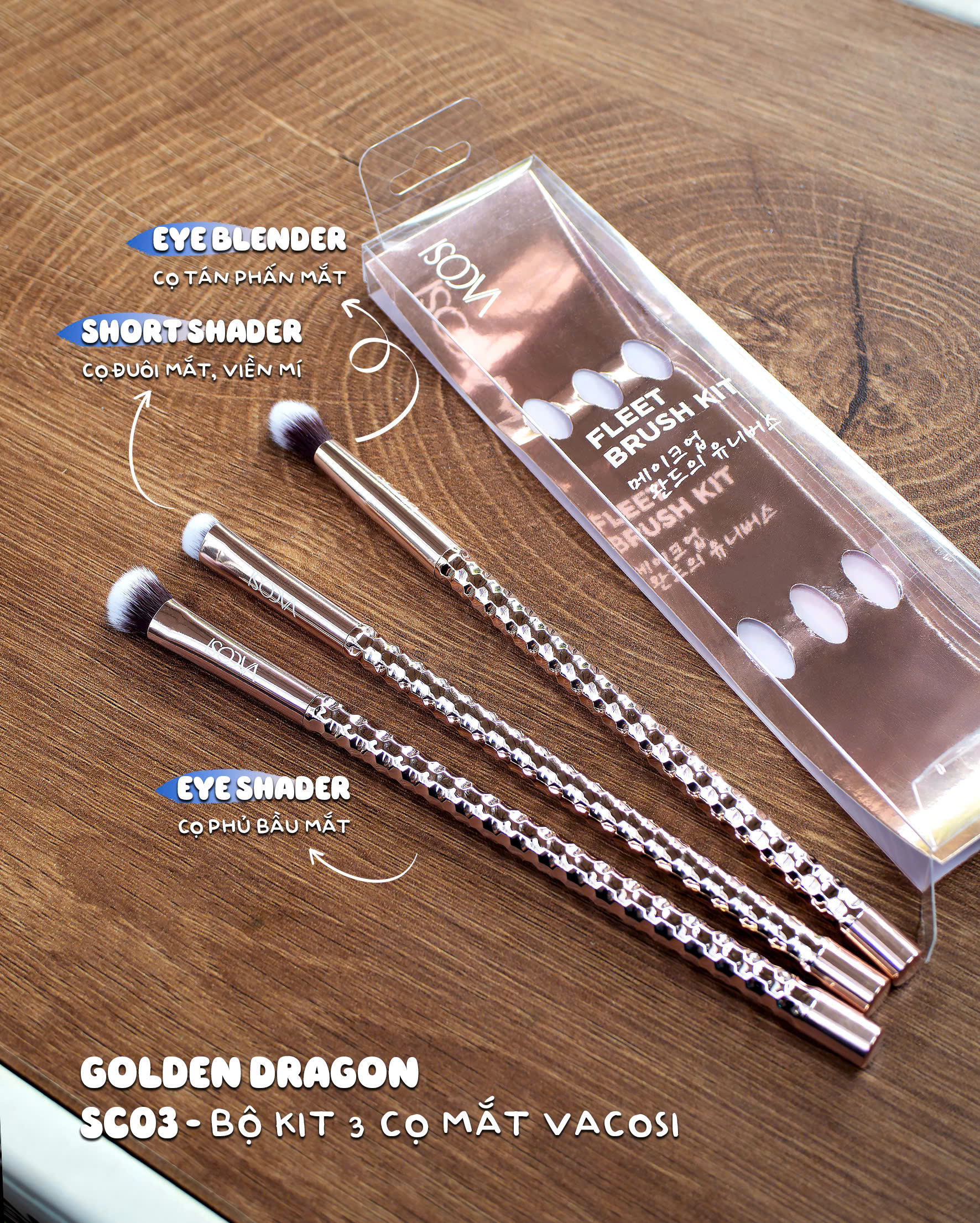 SC03 - BỘ KIT 3 CỌ MẮT PRO VACOSI, PHIÊN BẢN GOLDEN DRAGON - VACOSI FLEET THE EYES BRUSH KIT, 3PCS