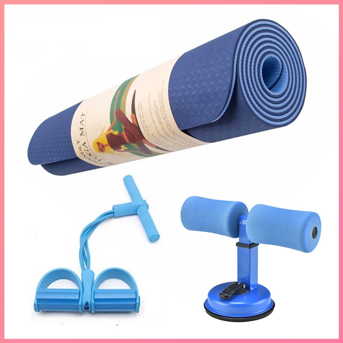 Combo 3 sản phẩm hỗ trợ tập yoga : 1 thảm 2 lớp 6mm + 1dụng cụ hỗ trợ tập bụng hình chữ T + 1 dây kéo cao su