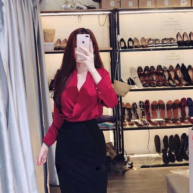 Áo sơmi vạt chéo lụa satin