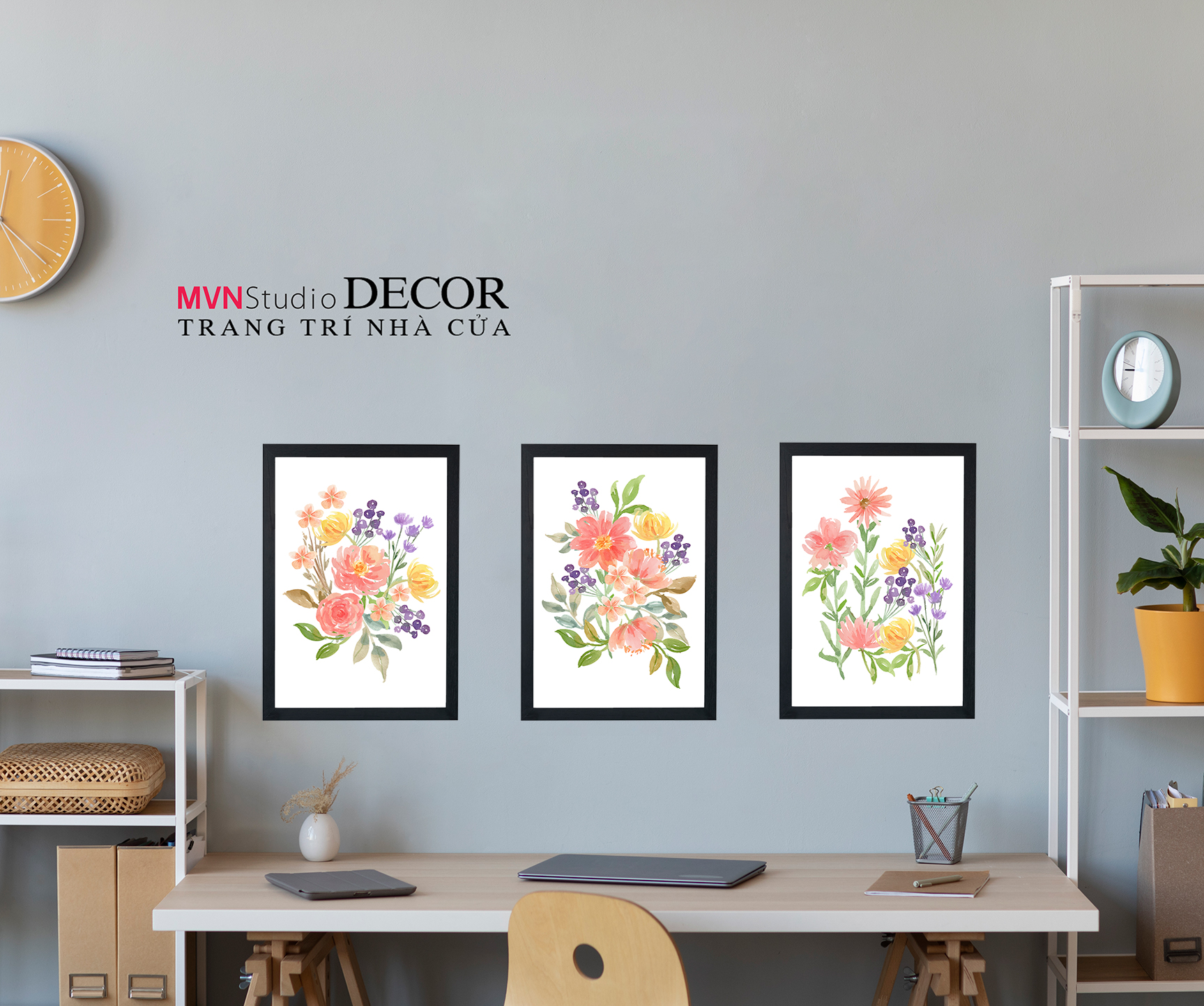 Tranh decal dán tường KHUNG HOA MÀU trang trí PHÒNG KHÁCH, BÀN LÀM VIỆC, PHÒNG NGỦ - MVN Studio Decor