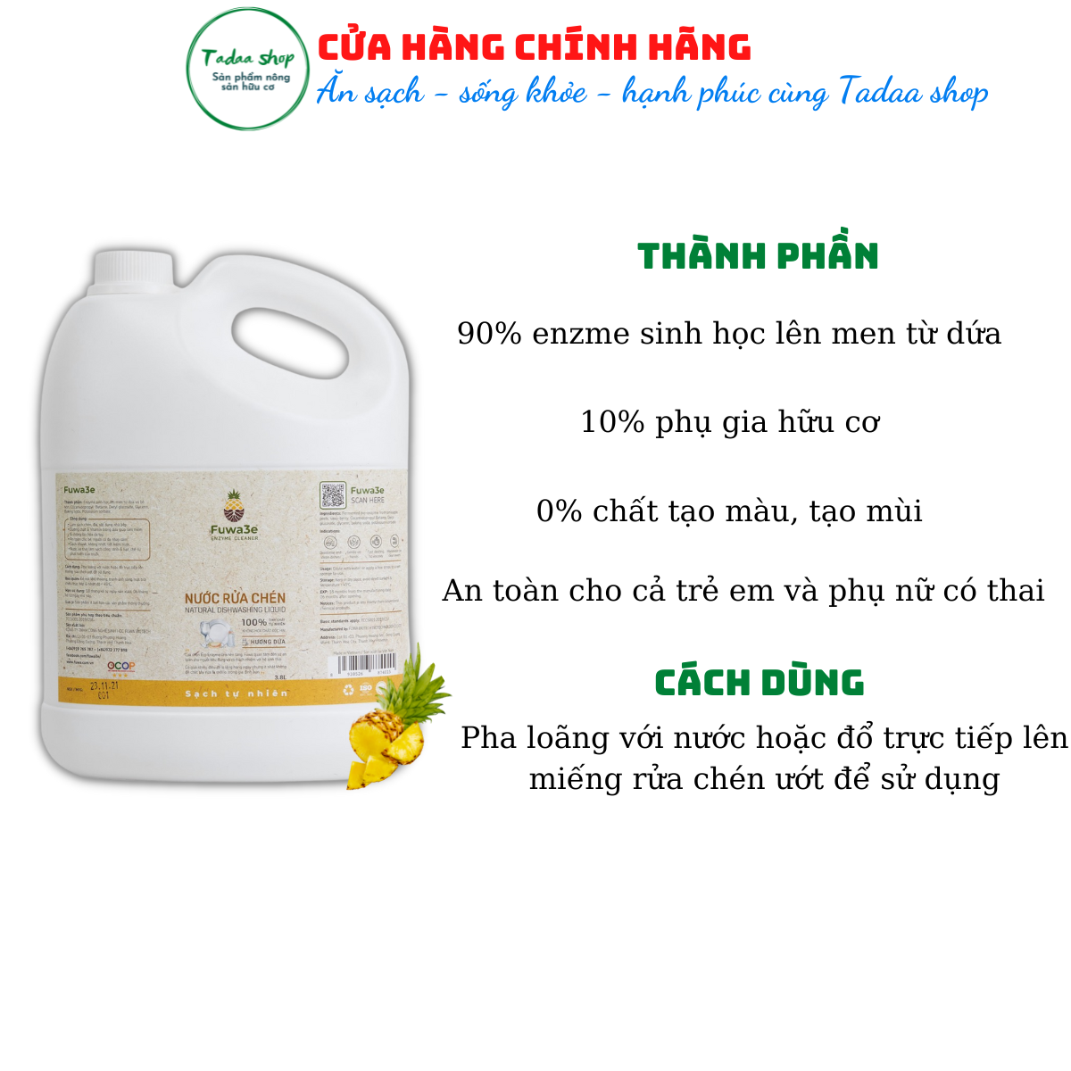 Nước rửa chén hữu cơ hương dứa Fuwa3e an toàn cho da trẻ em can tiết kiệm 3,8L