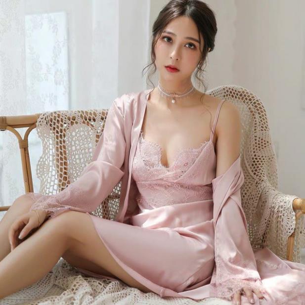 Váy ngủ hai dây lụa satin sexy có mút ngực cao cấp Đầm mặc nhà gợi cảm quyến rũ *