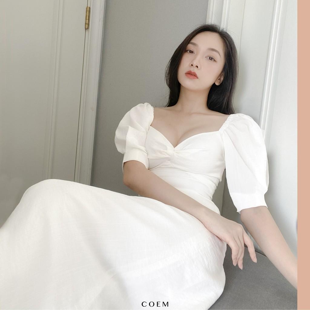 Đầm Dáng Dài Cup Ngực Cách Điệu Tay Phồng Màu Trắng Chât Liệu Linen Cao Cấp CO EM Thiết Kế Phù Hợp Mọi Lúc Mọi Nơi