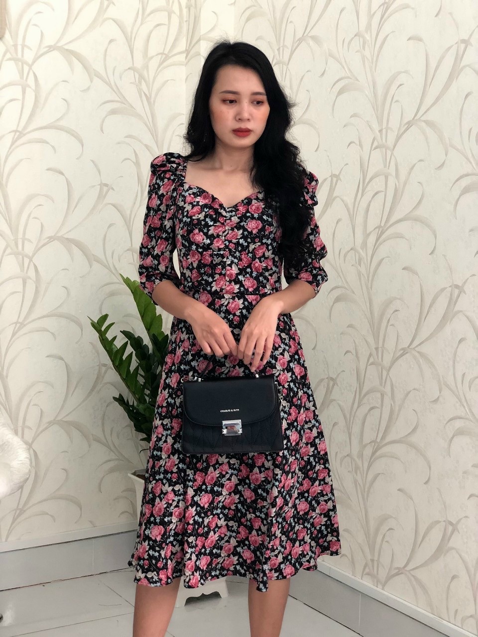 Đầm xòe voan hoa cổ vuông nhún ngực S&M GR192 - Hình thật do shop chụp