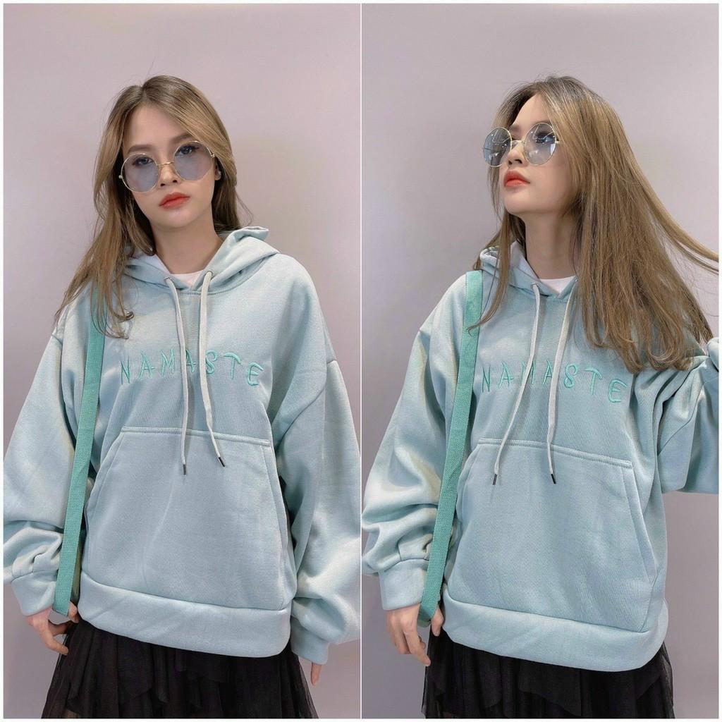 Áo Hoodie Unisex nỉ bông ngoại form dáng rộng tay phồng - Nam Nữ mặc cặp cực xinh thêu NAMASTE sỉhienlinh