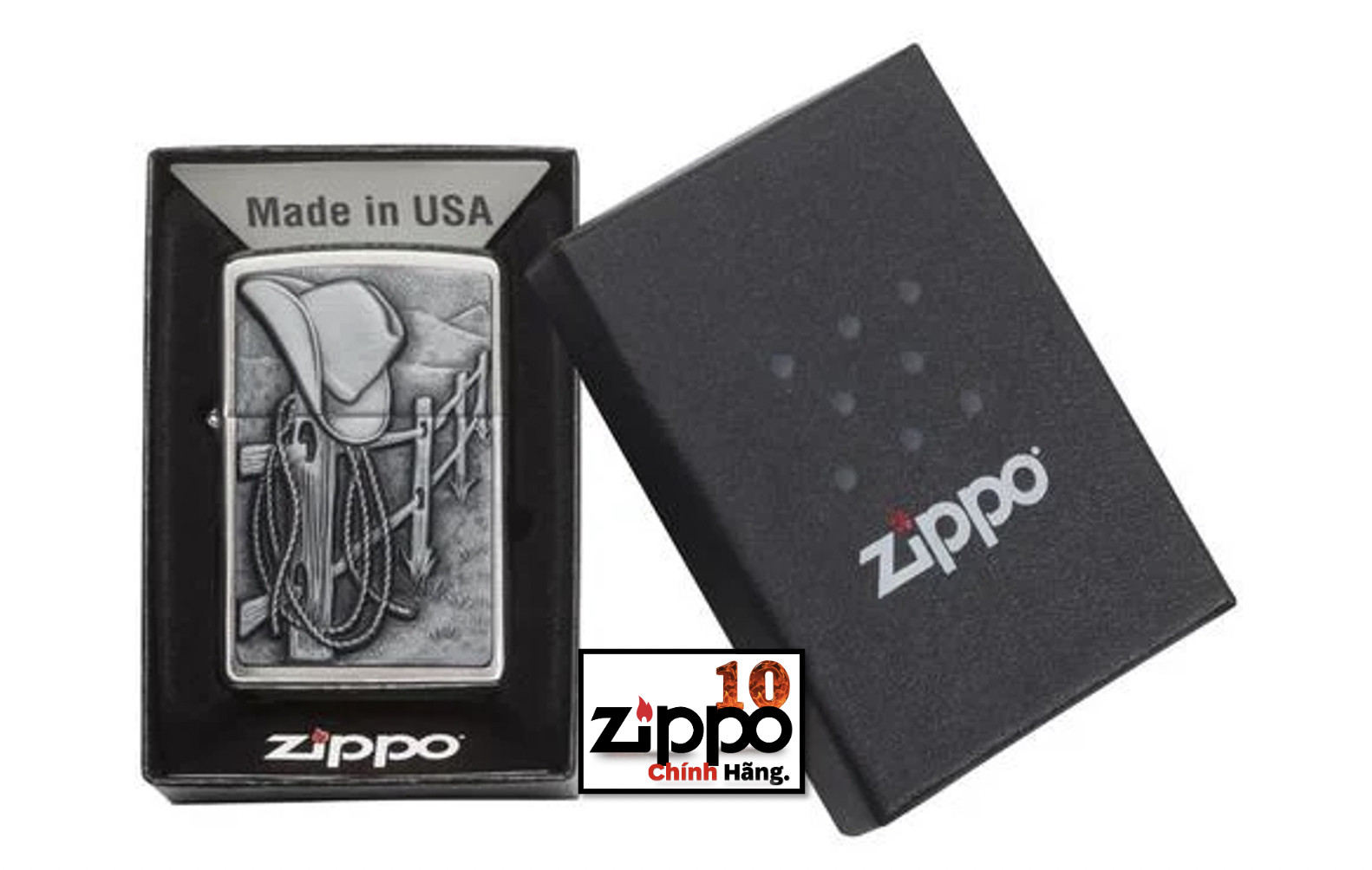 Bật lửa Zippo 24879 Cowboy Hat and Rope Emblem Brushed Chrome - Chính hãng 100%