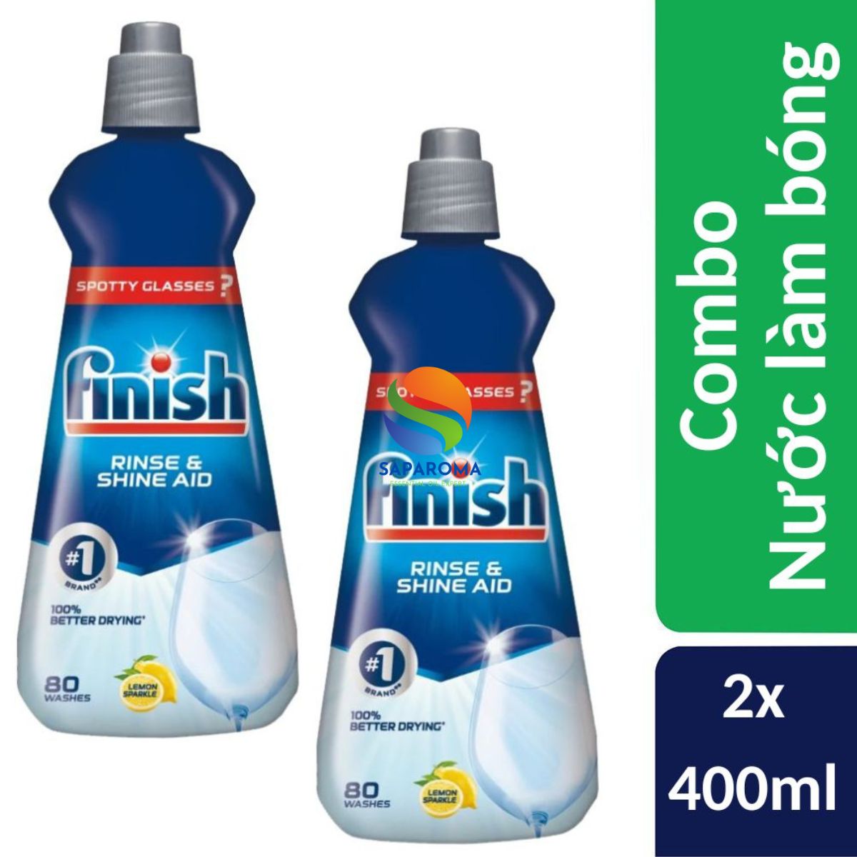 Combo 2 chai nước làm bóng và khô bát, đĩa Finish Dishwasher Rinse & Shine Aid Lemon 400ml - hương chanh