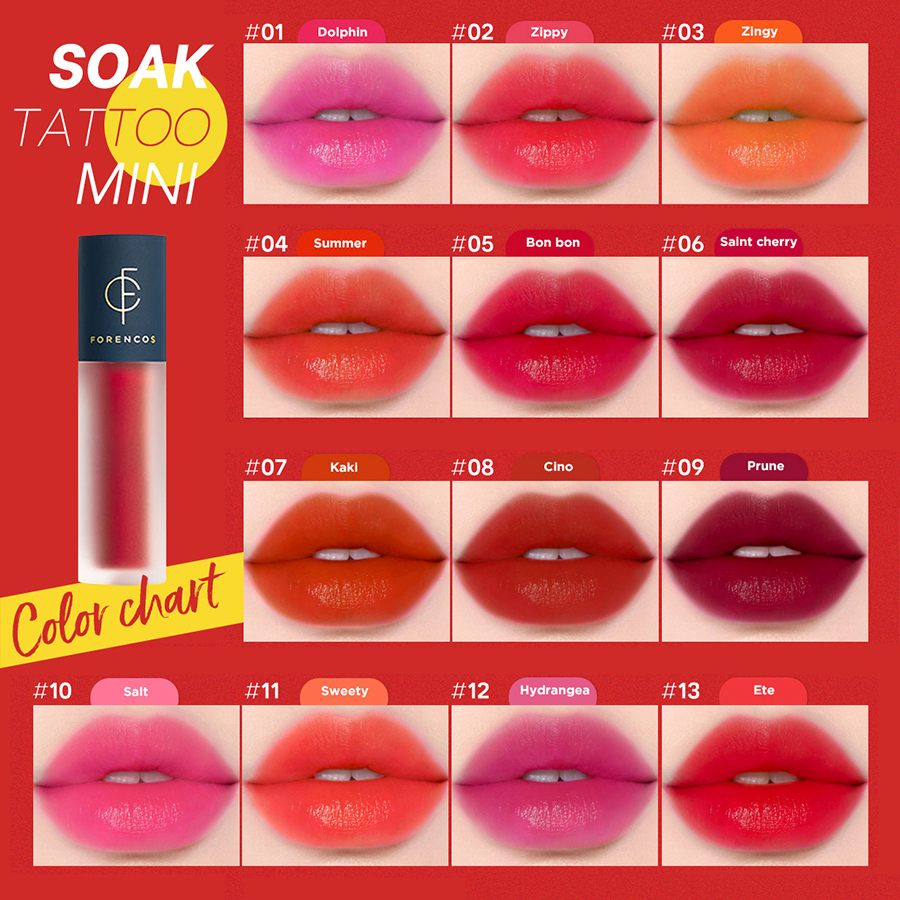 Son kem lì FORENCOS Lip Tattoo Soak Tint 13 màu - Chính hãng Hàn Quốc