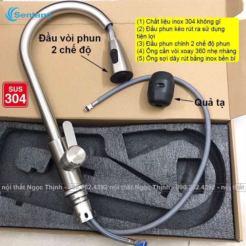 Vòi rửa chén bát Nóng Lạnh Có dây kéo rút tiện lợi chất liệu inox sus304 Xoay 360 độ Tặng kèm cặp dây cấp Nóng lạnh