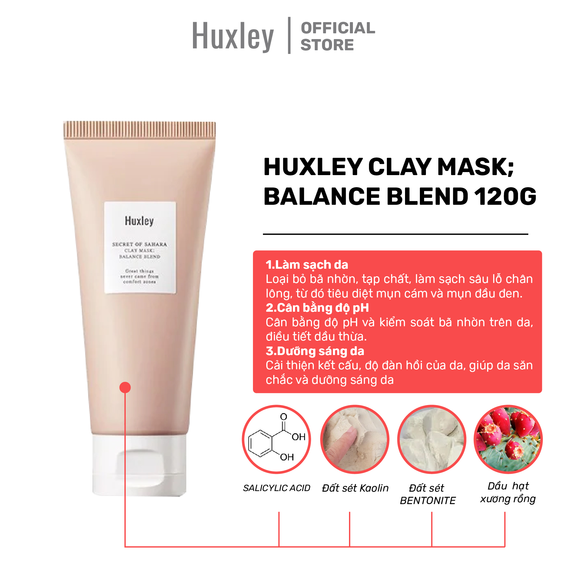 Mặt nạ đất sét giảm dầu nhờn, sạch mụn đầu đen cân bằng da Huxley Clay Mask Balance Blend 120g