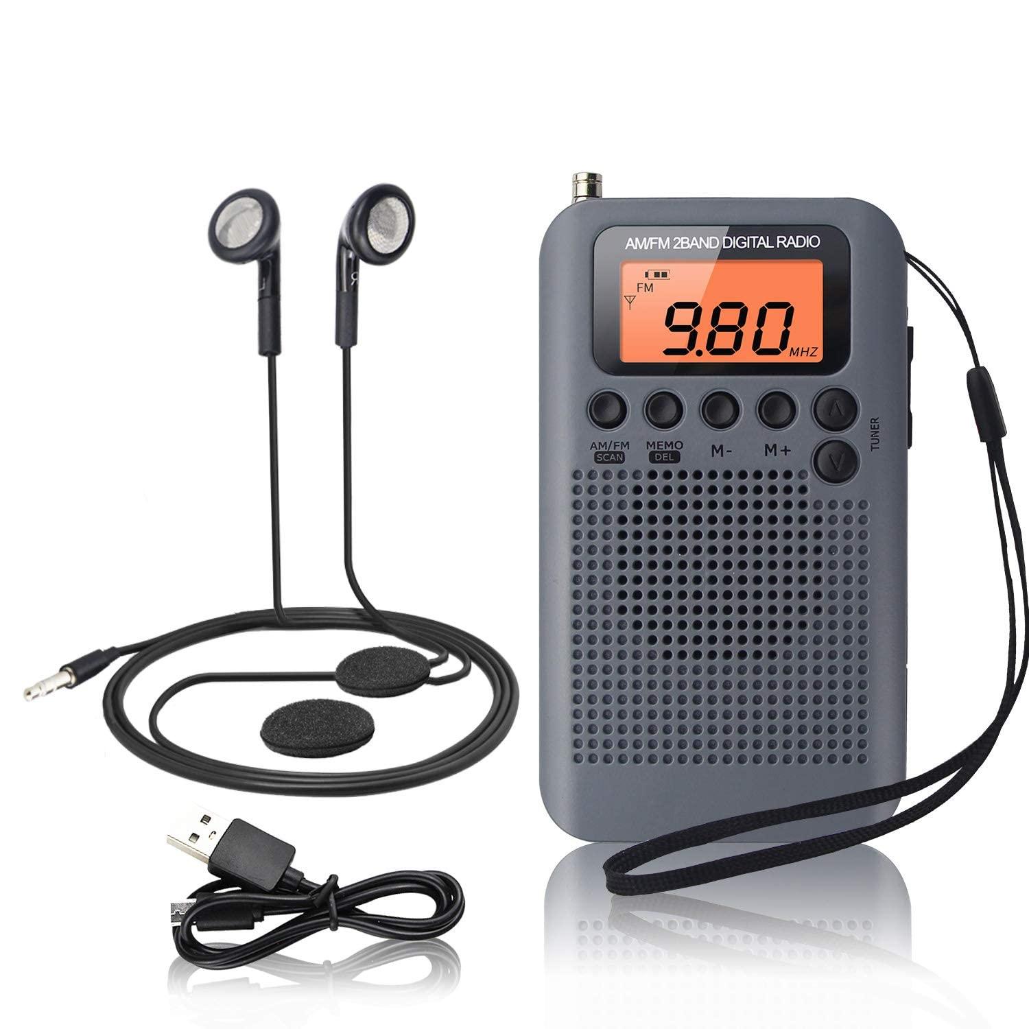 Đài phát thanh di động Mini Pocket Radio FM/Digital AM DSP Radio với đồng hồ báo thức và đồng hồ bấm giờ, radio di động với tai nghe, hỗ trợ pin có thể thay thế