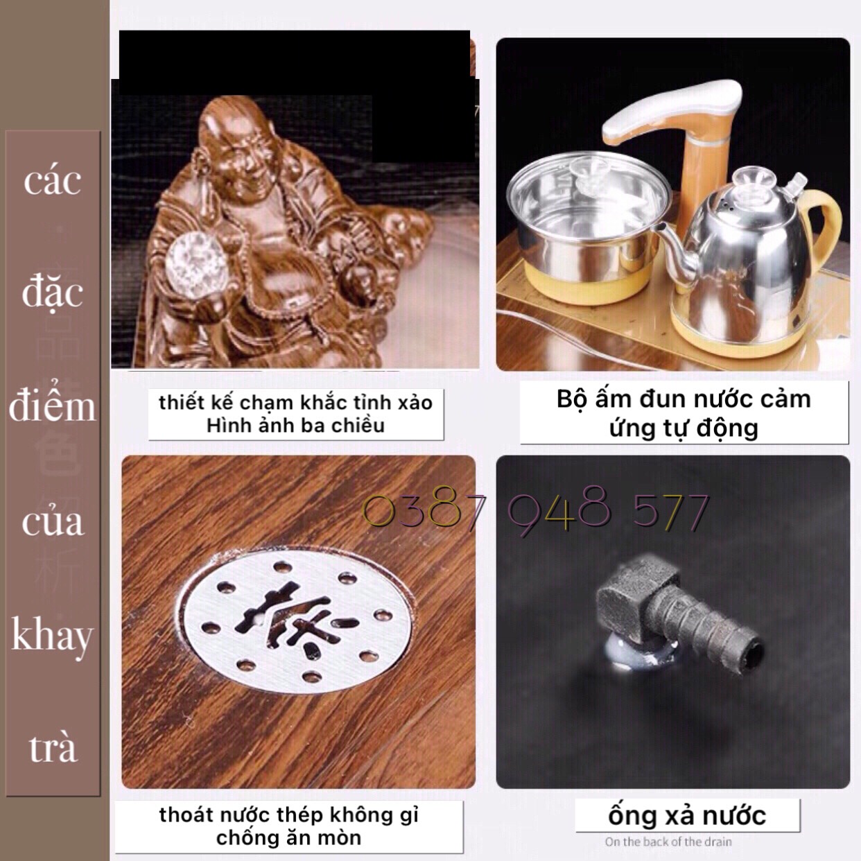 Bàn trà điện gỗ thông minh phật di lặc phong thuỷ 0114 ôm hồ lô phun nước ,Bếp đun nước inox cảm ứng đa năng tự động ,kèm ấm chén trà đạo tuỳ chọn một bộ theo hình