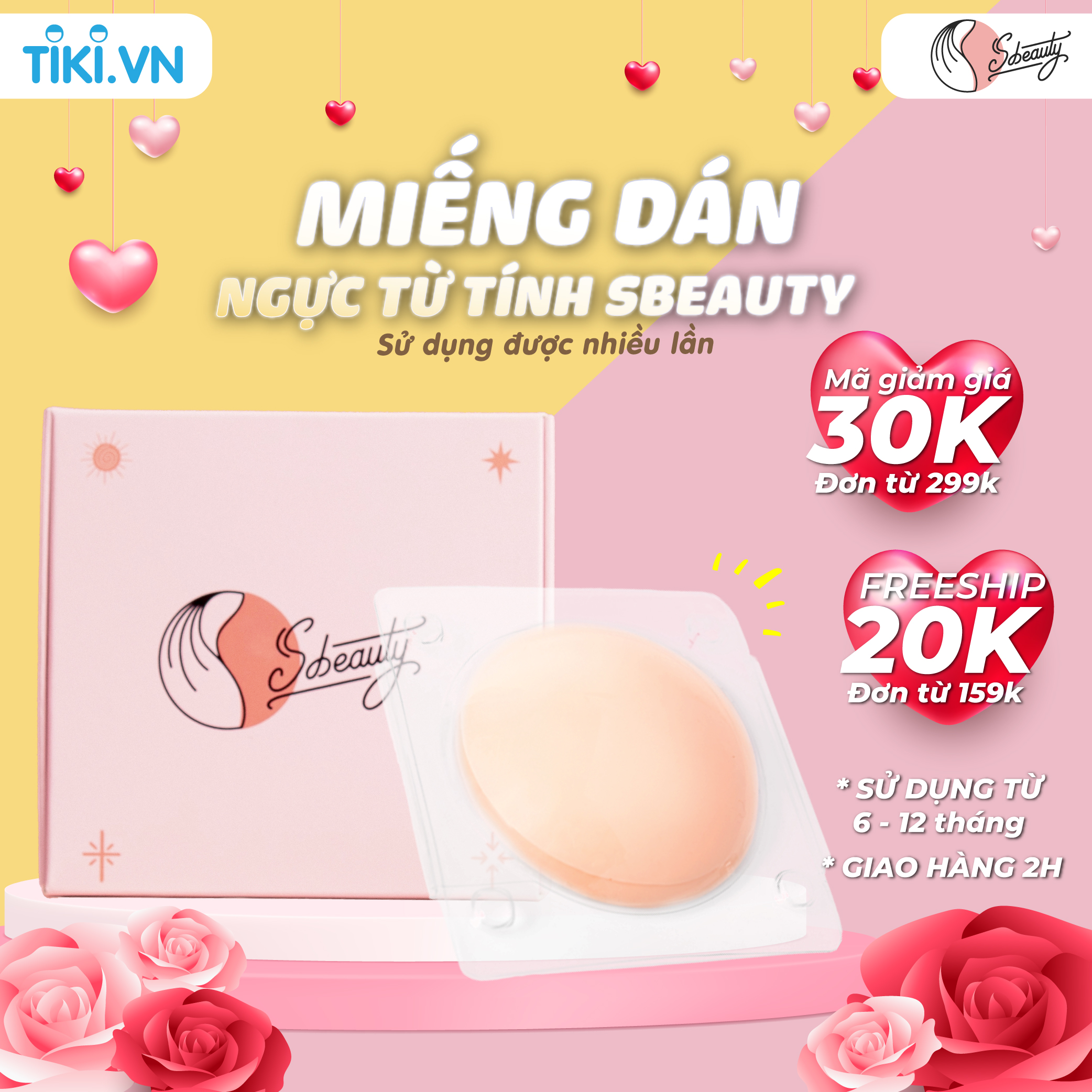 Miếng dán ngực silicon nhiệt tự thân Sbeauty , chai dung dịch vệ sinh cao cấp tặng kèm dây thun đàn hồi