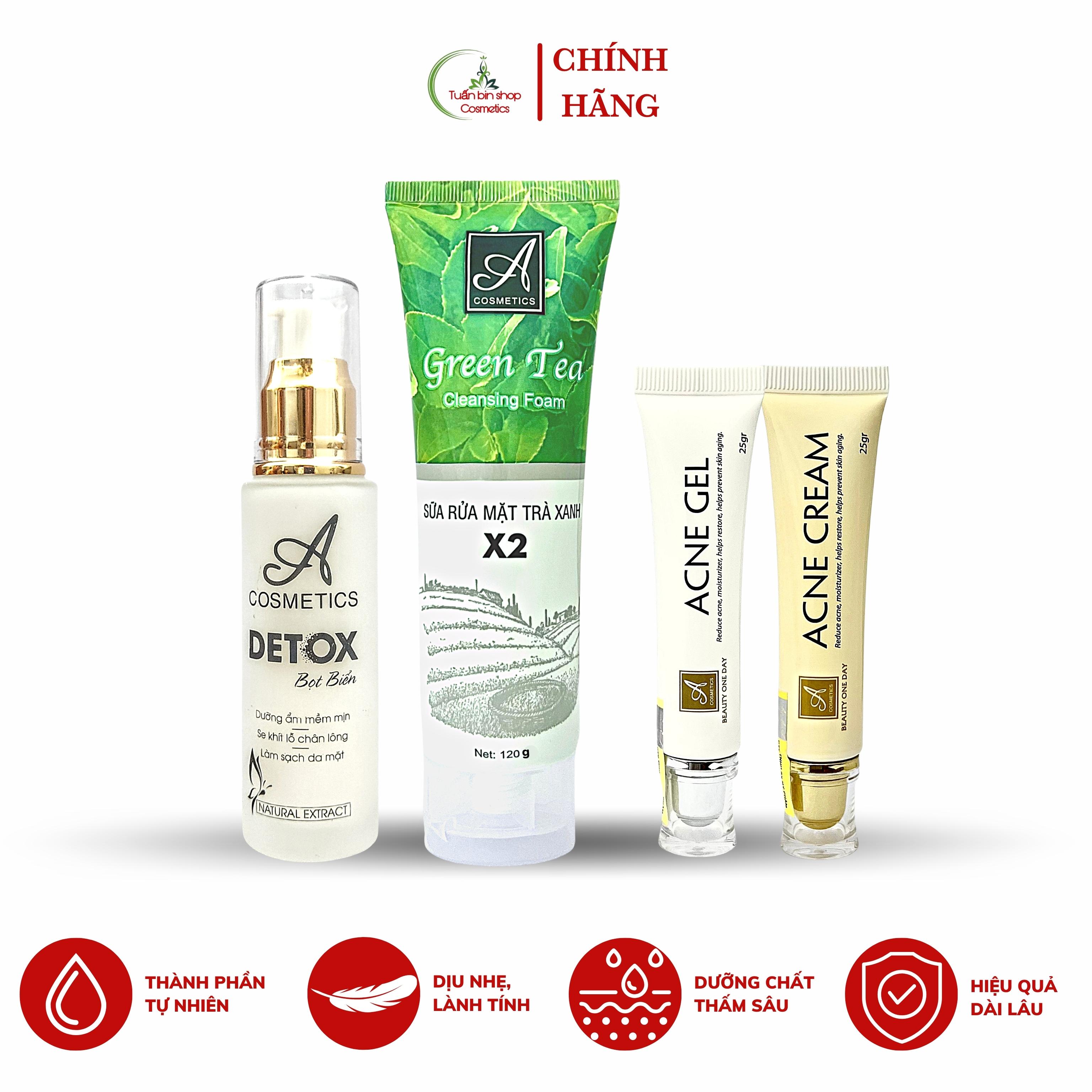 Combo kem giảm mụn, thải độc da, kiềm dầu Acosmetics, kem giảm mụn siêu tốc, detox bọt biển, sữa rửa mặt trà xanh x2 220g