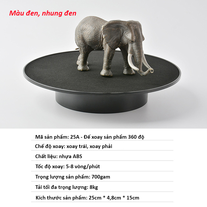 Bàn Xoay Sản Phẩm 360 Độ Cắm Nguồn USB + Pin Đại/D Đường Kính 25cm, Tải 8KG, Đế Xoay Trưng Bày Sản Phẩm
