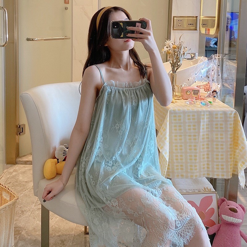 Đầm ngủ hai dây váy ngủ ren tiểu thư sang chành