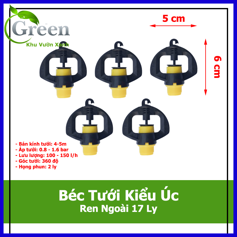 Combo 5 Béc Tưới Kiểu Úc 360 Độ Cao Cấp Tưới Rau Hoa Nối Ren Ngoài 17 mm