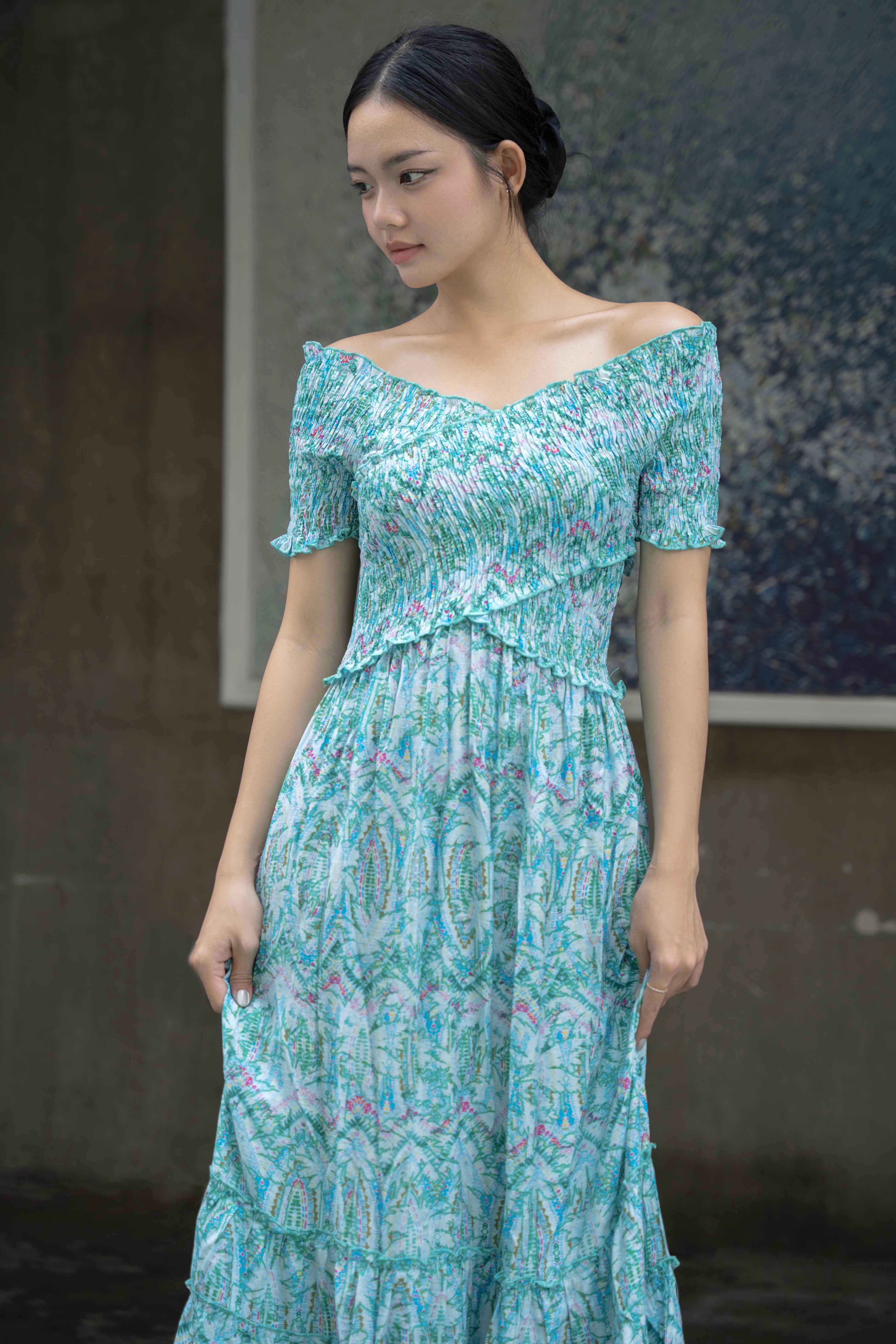 Maxi Hoa Trễ Vai Cotton Cao Cấp Luna Llena