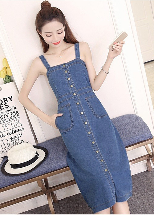 Đầm Yếm Jean Nữ Form Dài Nút Cài Dọc