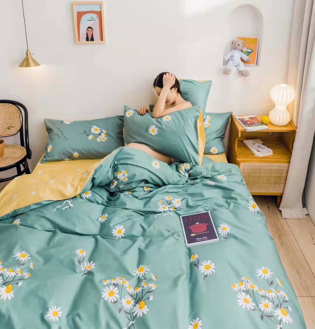 Bộ Chăn Chần Ga Gối Cotton LIDACO SP000882 - Cúc Nhí Xanh