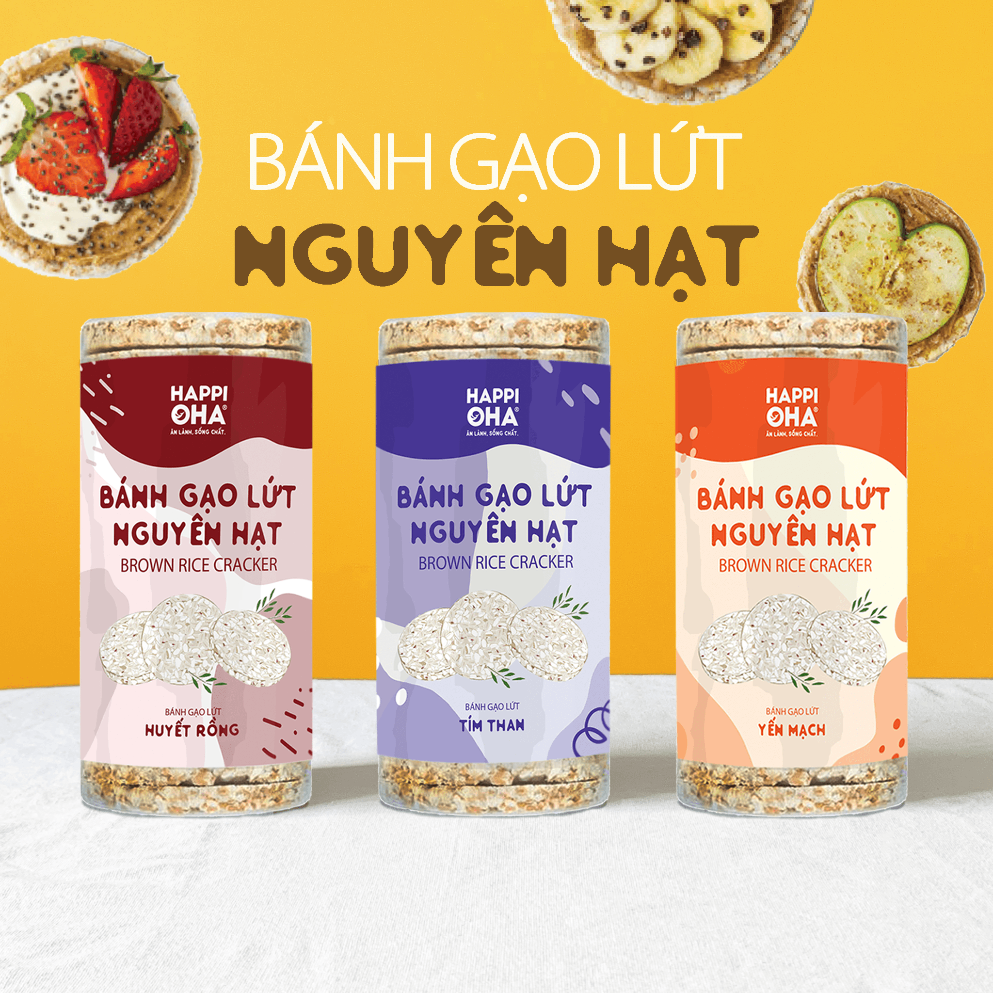 Bánh Gạo Lứt Nguyên Hạt HAPPI OHA 510g (51 bánh mix vị Yến mạch, Huyết rồng, Tím Than) - Hỗ trợ ăn kiêng, tập gym, thực dưỡng, eatclean