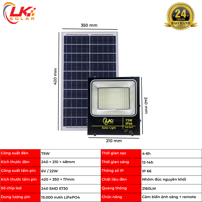 Đèn Led Năng Lượng Mặt Trời Siêu Sáng 75W CHÍNH HÃNG- LK SOLAR -TGD-9975, Sử dụng 100% năng lượng mặt trời, dễ dàng lắp đặt ngoài sân vườn, trong nhà, nhà xưởng, trang trại, cảm biến ánh sáng, có remote điều khiển từ xa