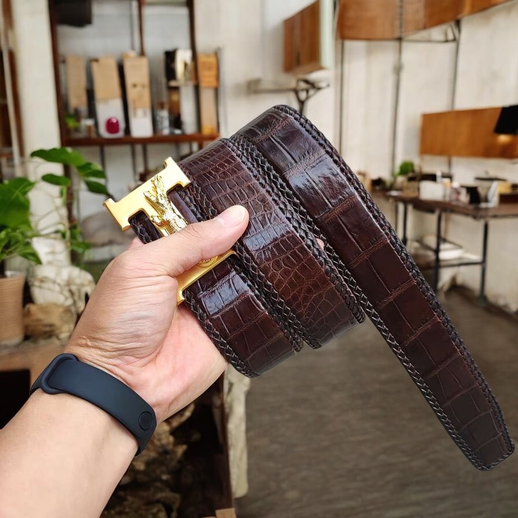 Dây nịt da bụng cá sấu liền tấm 4cm H29N1. Khóa H thép ko gỉ loại 1