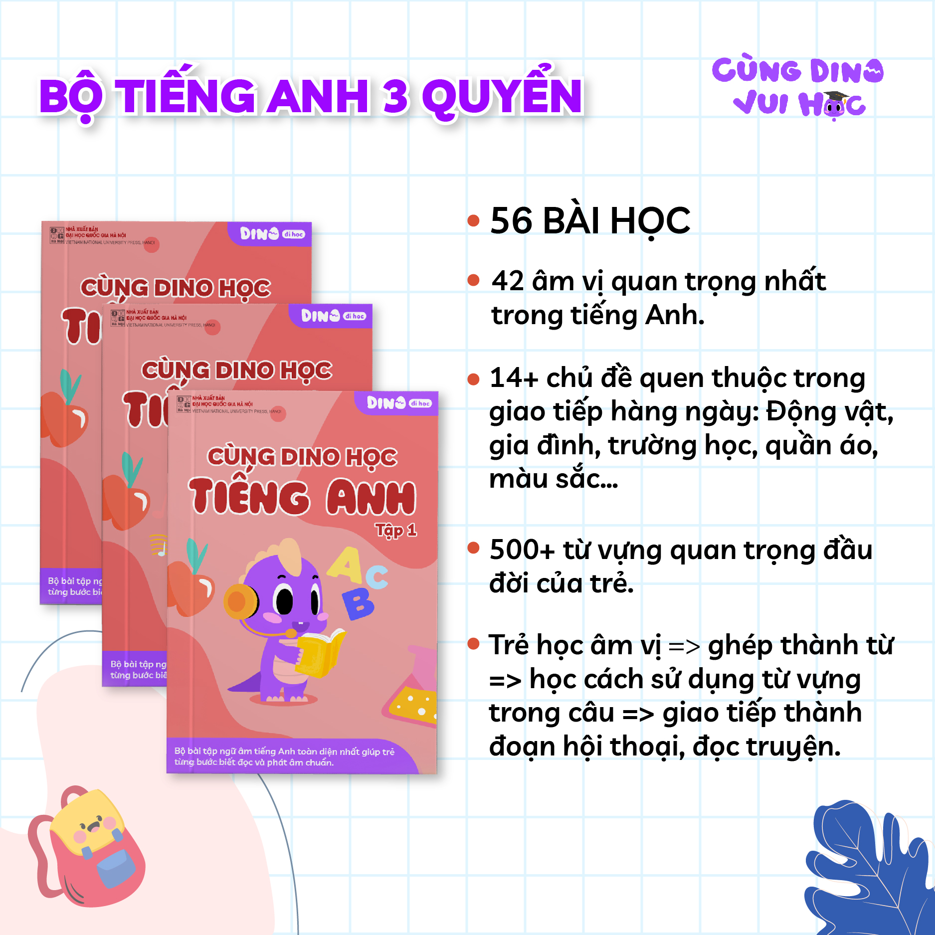 (BỘ 3 QUYỂN) Sách bổ trợ Dino Đi Học - Cùng Dino học Tiếng Anh Tập 1, 2, 3 cho trẻ từ 3-6 tuổi