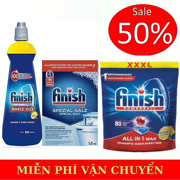 Combo 80 viên rửa bát finish all in one max + muối rửa Finish 1.2kg + Nước làm bóng Finish 400ml dùng cho máy rửa bát