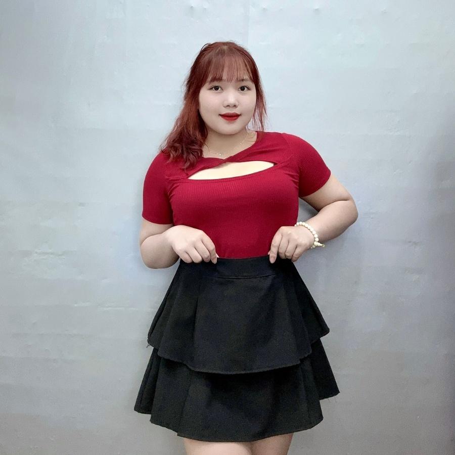 Áo thun tay ngắn xẻ ngực bigsize xoắn cổ tròn BIGSIZE CÔ NHỎ dáng croptop, Áo phông phom rộng 60-95kg G119