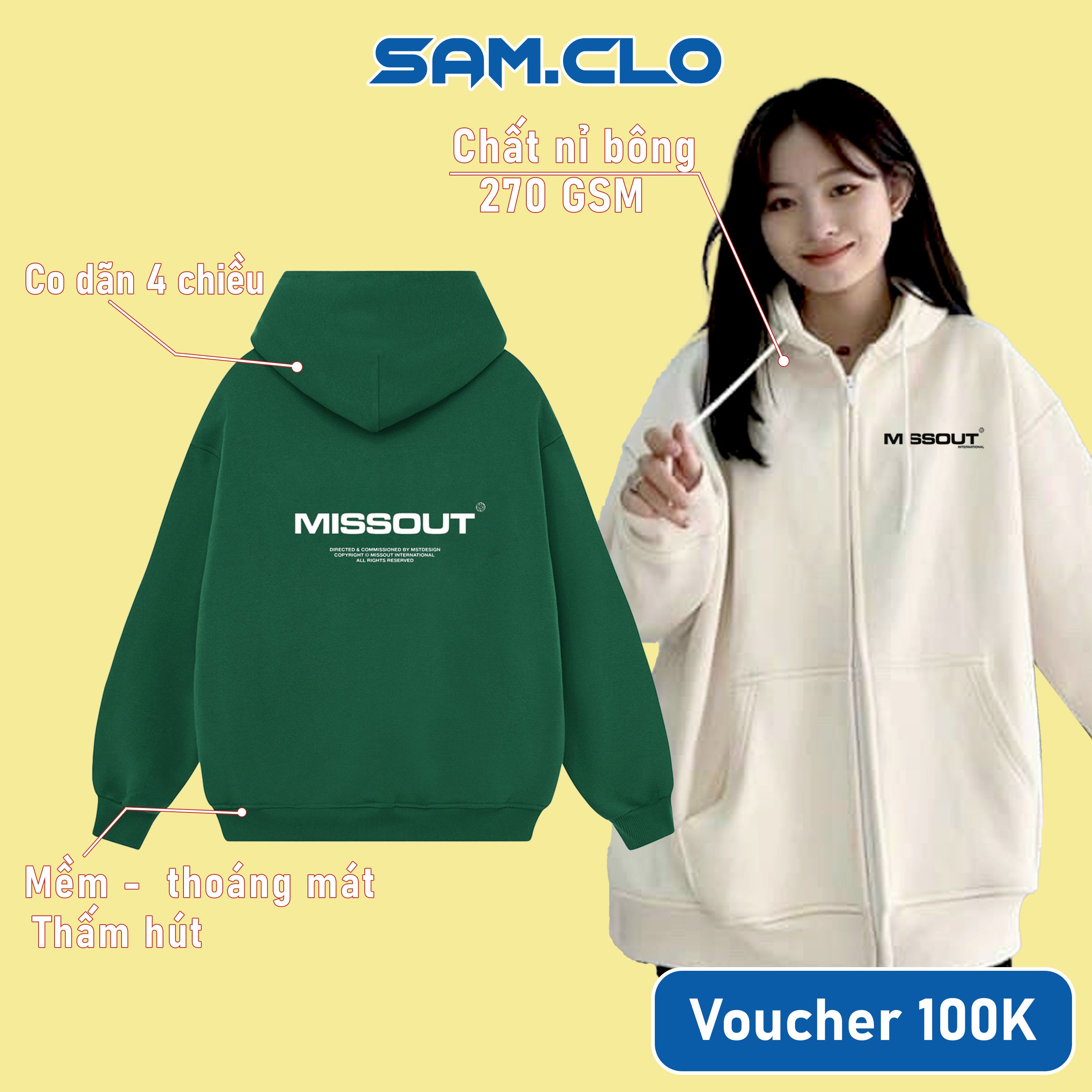 Áo khoác Hoodie Zip nam nữ SAM CLO có khóa kéo chất tay dài thu đông form rộng missout ZIP INTERNATIONAL