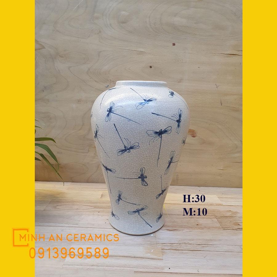 Bình hoa men rạn vẽ dáng chum gốm Minh An Bát Trang cao 30cm, miệng 10cm thích hợp cắm hoa sen