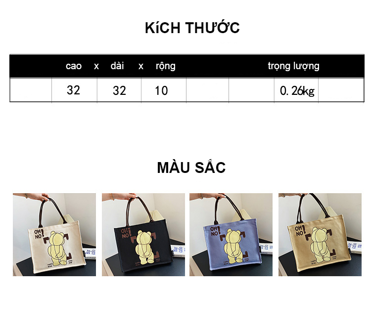 Túi vải tote bag 2 quai họa tiết vintage in hình gấu dễ thương TT05-C9357