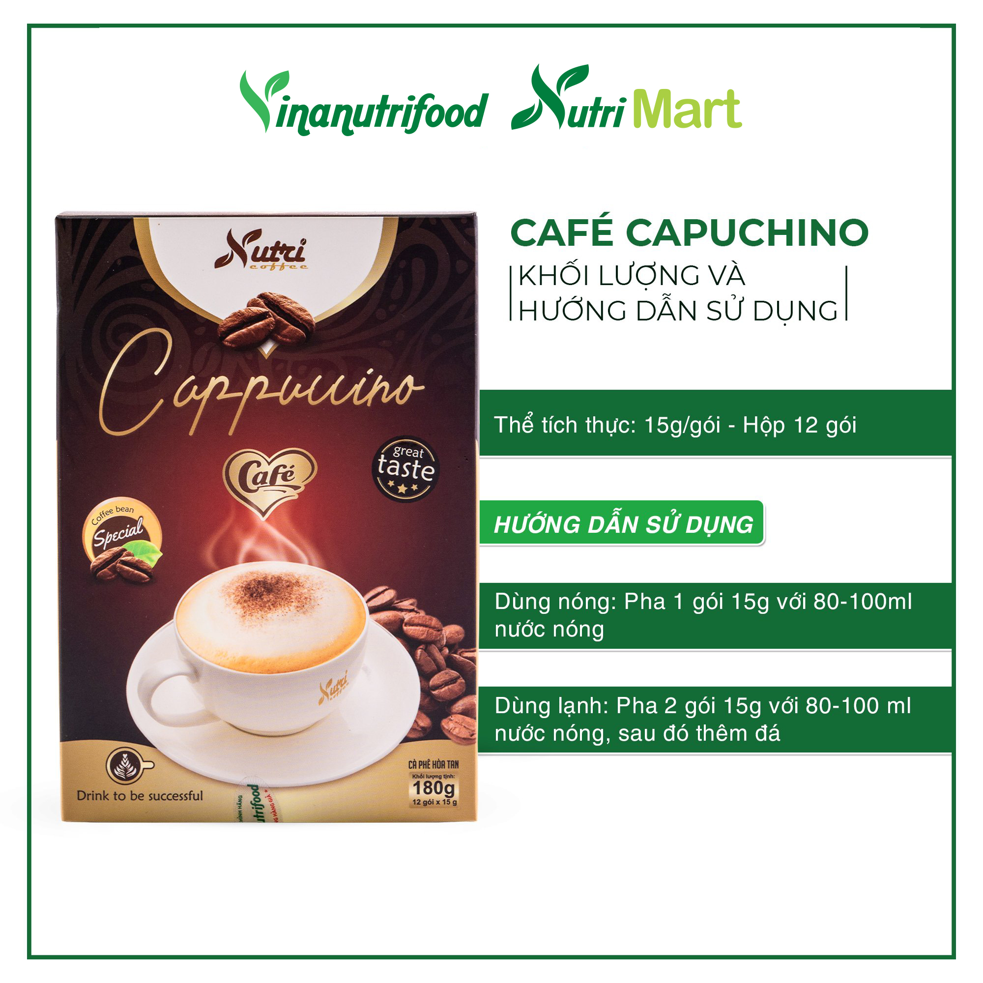 Cà phê capuchino Vinanutrifood C01, cafe thơm ngon hấp dẫn cùng vị béo ngậy tạo sự cuốn hút, giúp khơi dậy tinh thần, sự sảng khoái tỉnh táo để làm việc, học tập hiệu quả, đảm bảo an toàn thực phẩm tiêu chuẩn GMP - WHO (15g x 12 gói)