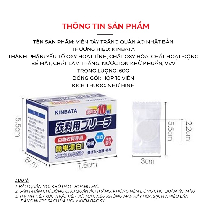 Hộp 10 Viên Giặt Tẩy Trắng Quần Áo Nhật Bản Giúp Giặt Sạch Quần Áo