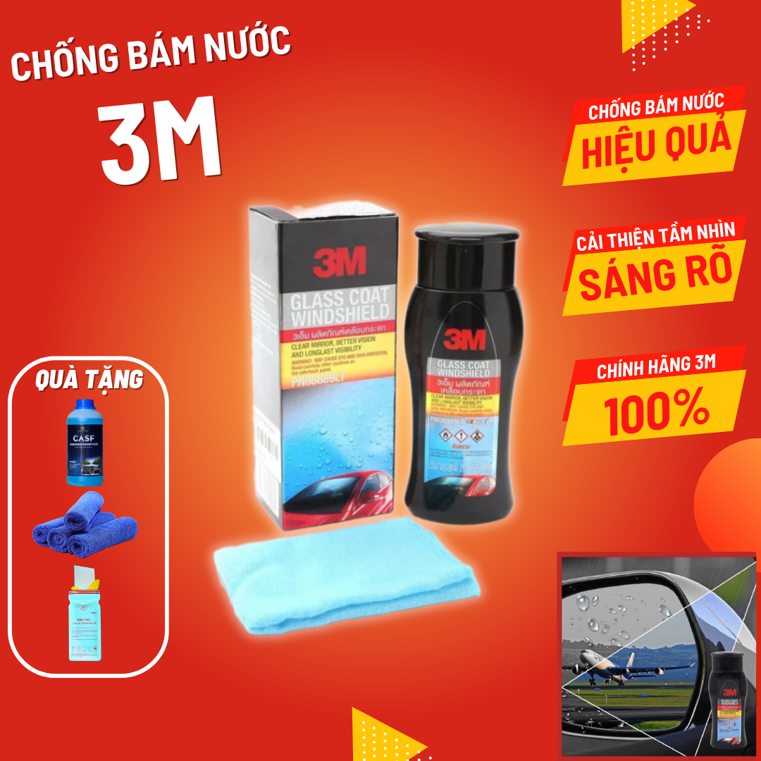 Dung dịch chống bám nước trên kinh xe ô tô 3M chính hãng - Dung tích 200ml - Tặng kèm Găng tay và Khăn Lau