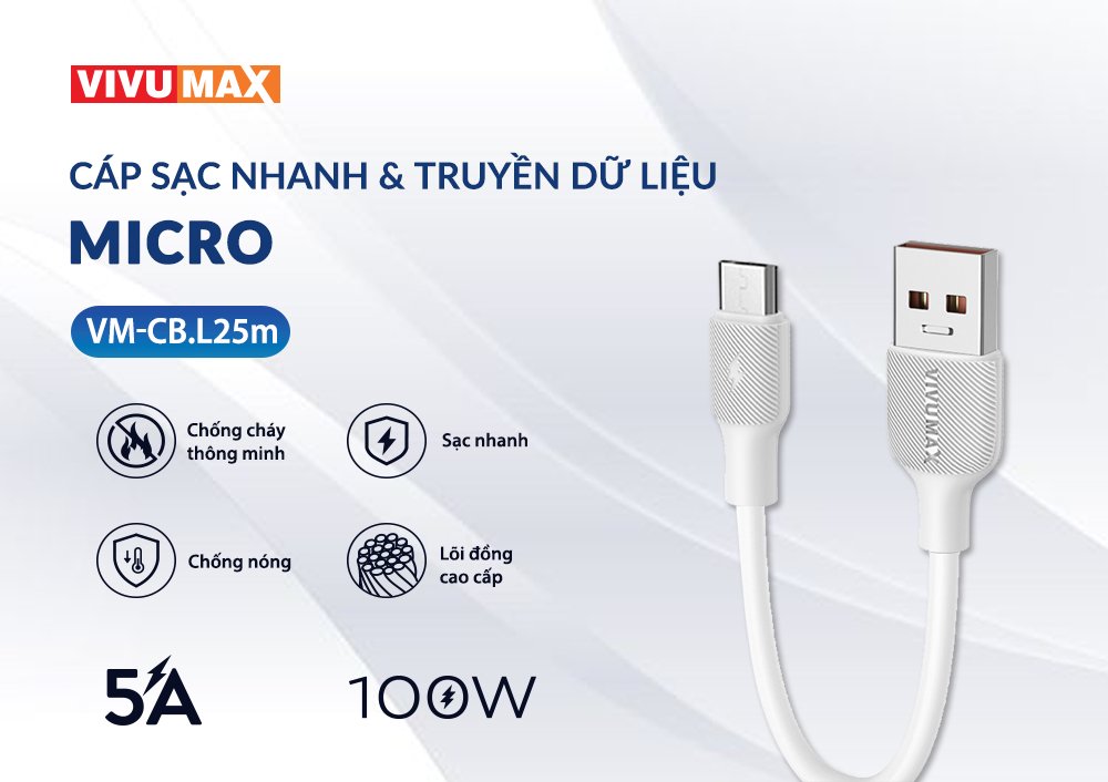 Cáp sạc nhanh 5A Vivumax L25m dài 25cm, đầu Micro, thích hợp dùng pin sạc dự phòng, loa Bluetooth… Hàng Chính Hãng, Bảo Hành Chính Hãng