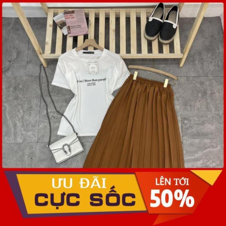 SET ÁO THUN CHỮ TRẮNG MIX CHÂN VÁY XẾP LY NÂU cực xinh