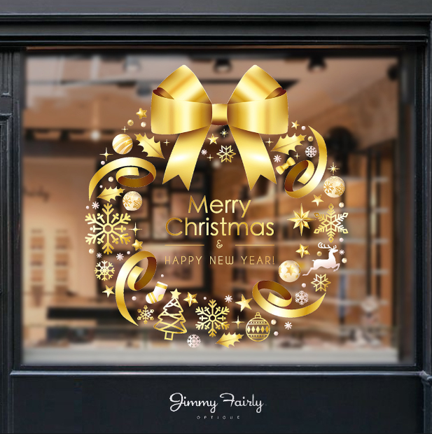 Decal trang trí Noel hít tĩnh điện - Vòng nguyệt quế nơ ánh vàng