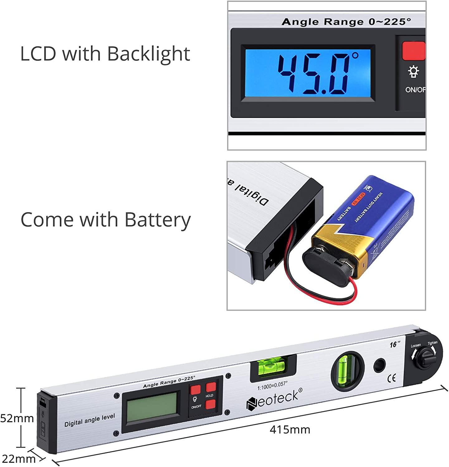 Máy tìm góc kỹ thuật số 400mm / 16 inch 0~225° Thước đo góc ngang kỹ thuật số Thước đo mức đèn nền LCD có hộp đựng di động để tái cấu trúc công việc công nghiệp