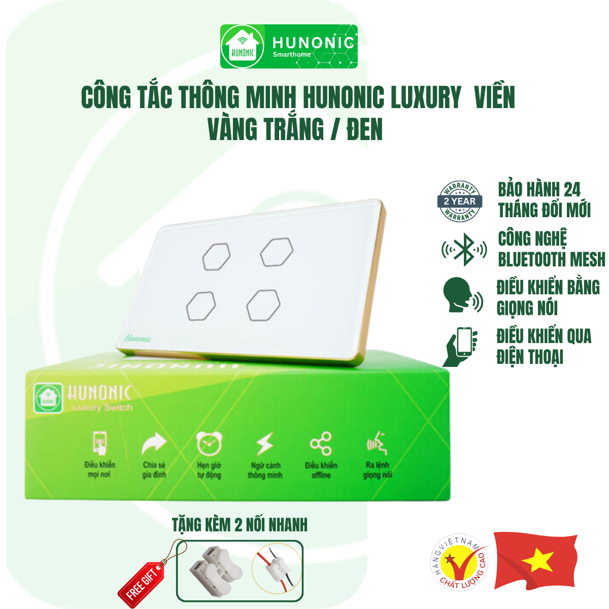 Công Tắc Cảm Ứng Hunonic Luxury Hình Chữ Nhật Viền Vàng, Công Tắc Thông Minh Wifi Điều Khiển Từ Xa Bằng Điện Thoại