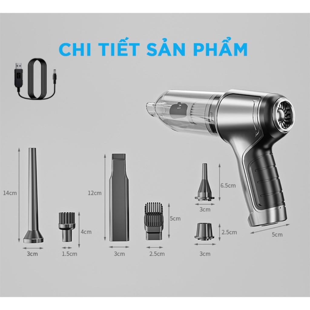 Máy hút bụi cầm tay mini  3in1 ( HÚT, BƠM, THỔI ) 120w lực hút 9000PA sạc pin tiện dụng bảo hành 12 tháng