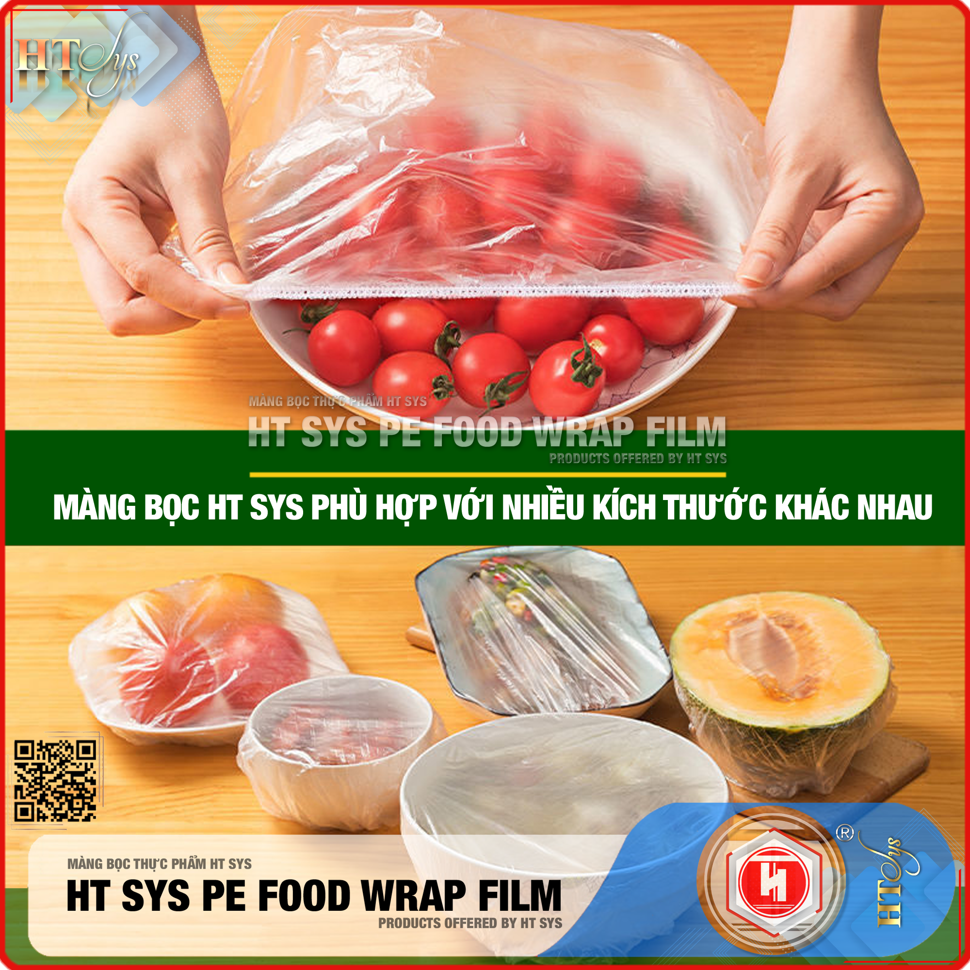 Màng Bọc Thực Phẩm HT SYS PE FOOD WRAP FILM - Chất Liệu PE Cao Cấp - Có Chun Co Giãn - Tái Sử Dụng Nhiều Lần - An Toàn Vệ Sinh - Gói 100 Chiếc Tặng Kèm Túi Đựng Và Móc Dán Đa Năng